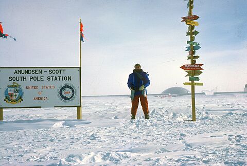[Cappelle135.jpg]
The true South Pole: the post needs to be moved some tens of meters every year due to  ice motion. In the background the dome hosting the base is visible (image © Thierry Cappelle 1977, used with permission).