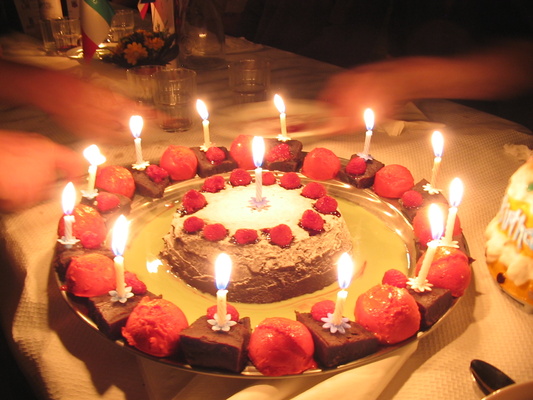 Left: My birthday cake: chocolate fondant, raspberry sorbet, mint sauce.