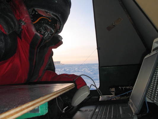 [20050826_005_CR23Acquisition.jpg]
That's me in a cramped shelter, doing a data transfer from the CR23 mast to a poor frozen laptop.