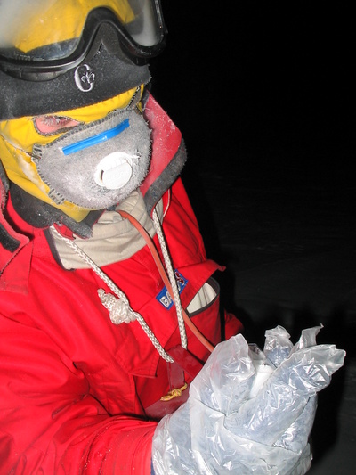 [20050826_063_Sampling.jpg]
Emanuele with a snow sample in his hands. He wears glove to avoid possible contamination of the sample.