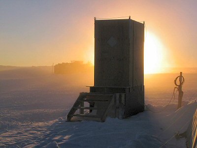 [Outhouse.jpg]
One of the many outhouses of the summer camp. After using the 'incinolet' burners for a few years, we reverted to the good old proven technology of the bucket. Large drums are under the outhouse and simply freeze due to the low temperature. They are then brought back to DdU via the Traverse and, I guess, emptied in the sea.