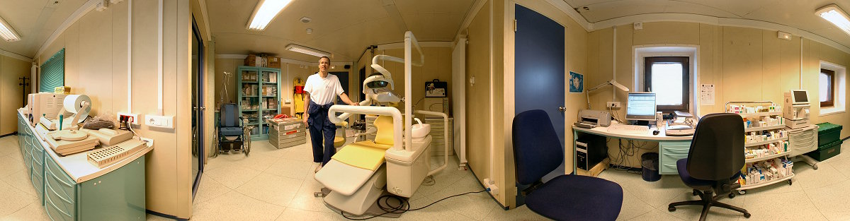 [PanoDentist.jpg]
The medical lab (left), dentist chair (center) and pharmacy room (right), with a proud doctor showing off where I drill him regularly... The blue door in the center is where one of the hydraulic feet used to raise the station is hidden, the door on the left leads to the surgery room, and the exit to the rest of the building is behind Roberto.