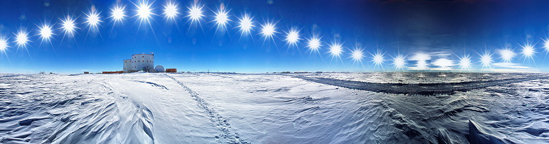 [SunRun_800.jpg]
The trajectory of the sun above Concordia over a 24 hour period. This image combines sequence taking (one image every hour), with panoramic techniques (the camera is rotated 15 degrees every hour to keep the sun in the vertical center).
