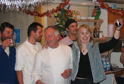[XmasDrinks.jpg]
Xmas drinks before dinner. From left to right: Carlo the logistics manager, Vincent and Jean-Louis the two chefs, Mirko who puts down the tiles in Concordia and Gabrielle Walker the journalist. There's italian, swiss, french and british. Photo Sergio.