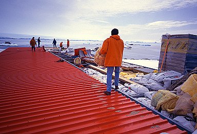 [RoofRepair.jpg]
Repairs being done on the roof of the sleeping building in Dumont d'Urville.