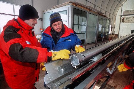 [IceCoreInDrill.jpg]
The ice core is visible, still inside the drill.