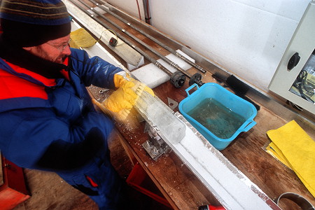 [IceCoreScrub1.jpg]
Scrubbing the ice core to remove some of the contaminating drill fluid.