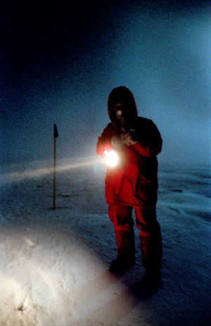 [EmanueleCollectingSamples0.jpg]
Night sampling in a windstorm. Up on the high antarctic plateau the wind is rare and not very fast, but enough to drop the visibility to a few meters and the windchill to a terrifying -110°C. On days like this, there normally wouldn't be any sampling, a well deserved rest for Emanuele who otherwise would walk 6km per day.