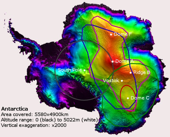 Map of Antarctica showing a colored topography.