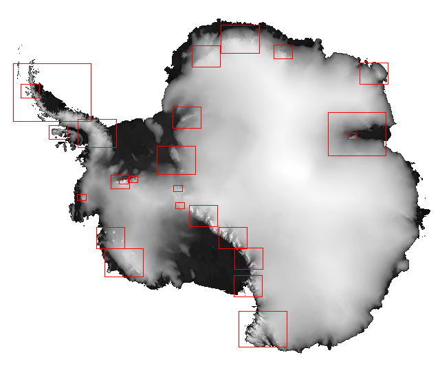 RadarSat image of Antarctica showing the location of the various mountain ranges