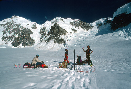[HunterAfter.jpg]
Our camp at the base of the west ridge of Hunter. The route is visible on the glacier in our back.