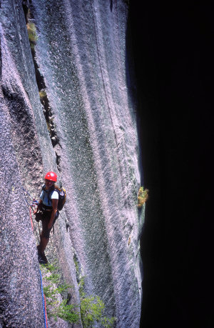 [MtBuffaloGorgeTraverse.jpg]
Climbing inside the Gorge, on dark rock taking as much sun as a frying pan.