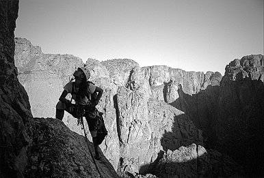 [SC_Belay10.jpg]
10th belay on a narrow but comfortable ledge. The last 5.9+ is right above.