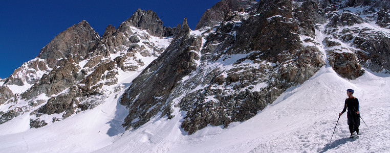 [20070518-144416_EmeraudeDroitePano_.jpg]
Vincent below the start of the right Emeraude gully (right) while the tiny dot on the left is Jerry finishing his descent off the Glacier Noir couloir. The left Emeraude is in the center.