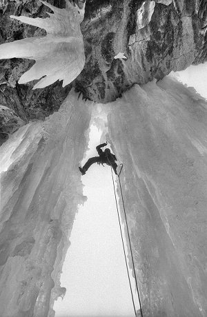 [ViolinsTwoColumns1.jpg]
When I first climbed it with wooden shaft axes in 1990, it was sheer madness, but nowadays even the solid grade 6 pillars of the frozen waterfall of the Violins is regularly crowded. Doesn't make it any easier though.