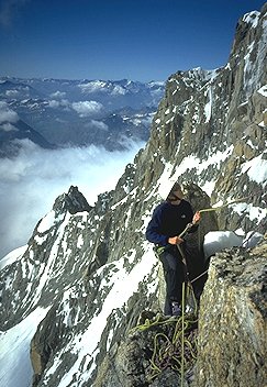 [BaseFreney.jpg]
Cécile belaying while on the base of the pillar. The ridge in the back is the Innominata, and the Pointe Eccles is on the left, with the snow gully we downclimbed visible directly underneath the pass, and the refuge on the other side.