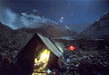 [NightCampChoOyu.jpg]
Base Camp at night, with our kitchen tent up front