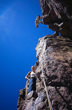 [Golden.jpg]
Jenny and Lisa merging vertical perspective while climbing in Golden, Colorado. 20mm.