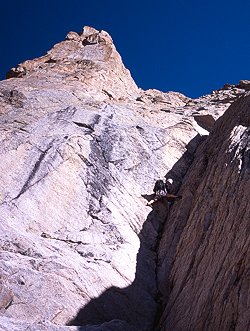[MtAlice_StartPitch.jpg]
That's me on a 'variation' of the first pitch, about 5.8. The headwall is visible on the left.
