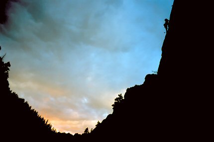 [NarrowsDark.jpg]
And when the night came we were still climbing, here Jenny on the 5.9R between both previous routes. That was before the nice picnic with orange shrimp kebabs, fish-filled peppers, vin jaune du Jura and bombe glacée au chocolat...
