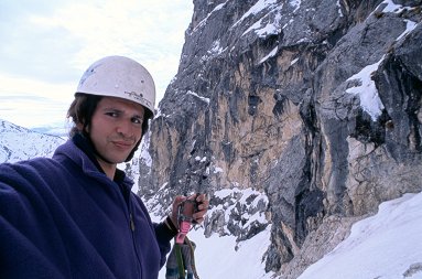 [JanettaCrampon.jpg]
That's me holding my broken crampon while solo in the middle of the Paretone in Central Italy. Question: how do you get out of the middle of a 1650m face with only one crampon ? Answer