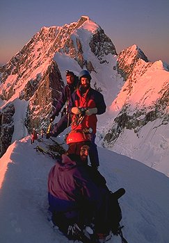 [Silberhorn.jpg]
View on the Linda side of Mt Cook. Summit Rocks are visible just above the head of the climber in the back. The ridge on the left is the east ridge I later climbed.