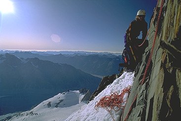 [SummitRocks.jpg]
Here at the start of Summit Rocks with Rod Haslam, an Aussy met in Mt Cook Village. The rock is not so bad there, most of what could fall has already made it to the Plateau.