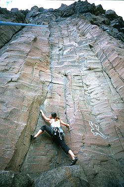 [SmithCarving.jpg]
Jenny imitating a rock carving at the Lower Gorge where the basalt is great for trad climbing.