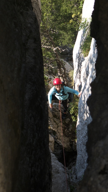 [20110722_190357_TroisPucellesGrange.jpg]
Although it's a big rock, there are few interesting routes on it. Most routes are ancient aid garbage on pitons that have long rotten away. The Grange Couloir is the one notable exception: about 10 pitches of 'classic' grade 4 on good rock, here we climb it after work in plastic boots in less than 2 hours car to car.