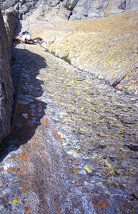 [ABridgeTooFar.jpg]
A Bridge Too far, a 5.11c with desperate stemming, poor pro and colorful lichen.