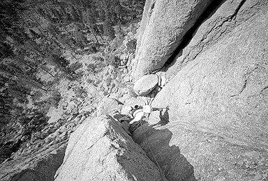 [BW_WeissnerMid1.jpg]
Jenny stemming the 2nd pitch of the Pseudo Weissner. The first pitch is common with the Durrance, so expect some traffic there. At 5.7 this route offers a nice alternative to the crowds on the left.