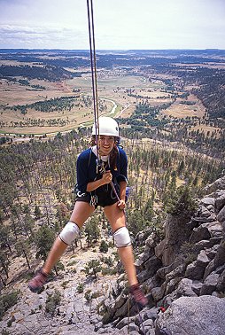 [DT_Rappel.jpg]
Jenny rappelling down Devil's Tower after I got past the end of the rope and waited for her on a cam. Weird, but this has happened several times at DT. The rappels are often placed 35m apart, tricking you in believing you can reach the next station with double 60m.