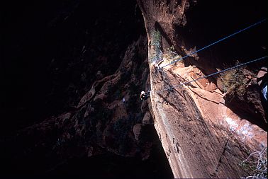 [ZionAngelSteepWall.jpg]
Jenny at the end of the steep 2nd pitch.