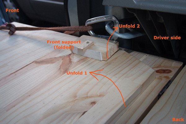 [20071125_151757_Kangoo.jpg]
Detail of the front board in folded (driving) position. Its support is also in folded position. Note that I used only one screw for the 'lock' but you'd better use two. Before you unfold the board, pull it forward 10cm or so.