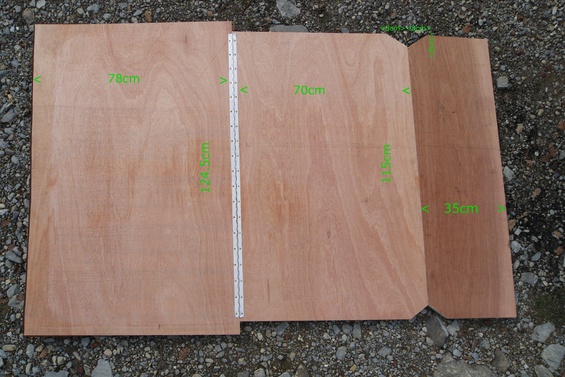 [20091108_113409_PeugeotPartner_.jpg]
Dimensions of the main assembly: 124.5x78cm, 115x70cm, 115x35cm on a 14mm plywood. This results in a 183cm bed. If you are tall you can cut the front board longer. Note the 8x8cm notch on the middle and front board; it is so you can unfold it without touching the ceiling of the car.