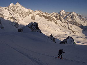 Skiing up towards the Agneaux, with the Cordier Snow peak and its obvious couloir in the background