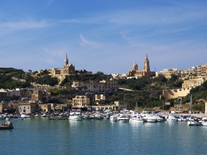 The main churches of Mgarr as seen from the ship