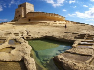 Carved salt pans and Ras il-Bajda tower