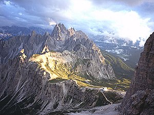 The Locatelli refuge and the Tre Scarperi, highest summit in Dolomiti di Sesto, seen from the Tre Cime di Lavaredo after a storm, Dolomite