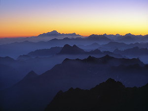 Dawn across the Alps, with Mt Blanc in the distance