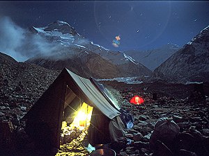 Moonlight on Cho-Oyu with the kitchen tent up front