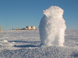 Iced up snow carving in front of Concordia station