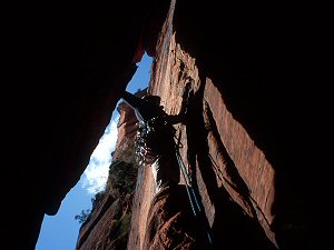Chimney on the upper section of Iron Messaiah (10c). Zion