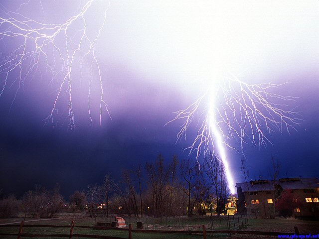 [ThunderStrike.jpg]
Lightning strike picture in front of our condo, Colorado. 20mm. Put the camera on a tripod with a cable release in T-pause. Close to a fair amount (say f/16 or more) Determine the maximum exposure from the meter (say 1 minutes) and never go above less than half of that (you want the sky to be dark). Start the exposure and release it as soon as either a lightning occurs or you reach the maximum time. A large angle lens and a lot of film are necessary. If you want to try during daylight storms, you will need a neutral density filter to increase the exposure time. It's much cheaper to use a digital camera for that.