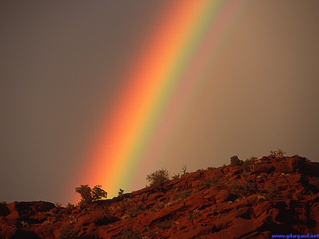 [UtahRainbow.jpg]
Classic, but still very nice, bright rainbow on very dark background above the Utah desert, 2003.