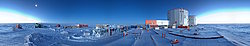 PanoTanks - Panorama of Concordia taken from the top of the many fuel tanks. The tanks are kept heated throughout the winter to keep the antifreeze fuel from freezing up (yes, you read that right). The raised orange tank in the middle is the water recycling plant, sitting on top of the power plant.
[ Click to go to the page where that image comes from ]