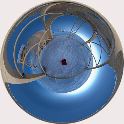 [PanoConcordiAstroBEW.jpg]
Bird's eye view taken from below the astronomy platform. My gloves are on the ground and the ceiling of the platform (above the camera) is all around the image circle, 180° away.
