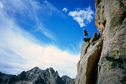 ElephantLookUpH - Brad wondering where the route goes. Elephant's Perch, Sawtooth Mountains, Idaho, 2003
[ Click to download the free wallpaper version of this image ]