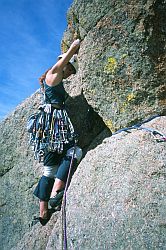 RobinJennyLead2 - Jenny leading Batman rock, Lumpy Ridge, RMNP, Colorado