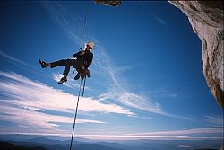 RoofRappelTahquiz - Jenny rappelling a roof at Tahquiz, California, 2003
[ Click to download the free wallpaper version of this image ]